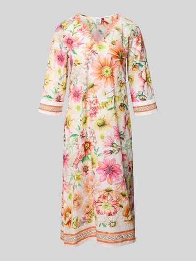 Produktfoto, Tunikakleid im Allover-Look mit V-Ausschnitt von Emily Van den Bergh aus Reine Baumwolle, Gerader-Schnitt, Midikleid, 3/4-Arm, Rückenlänge 115 cm, Brustweite 46 cm, Ärmellänge 44 cm, bunte Blumenmuster auf weißem Grund, glatte Textur