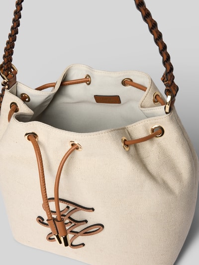 Produktfoto, Beuteltasche aus reinem Leinen von Tommy Hilfiger in Optik: Unifarben mit Tunnelzug, Hauptfach, Logo-Applikation, Canvas Materialverarbeitung, Schulterriemen aus Leder, Innenfutter einfarbig, strukturierte Leinen-Oberfläche.
