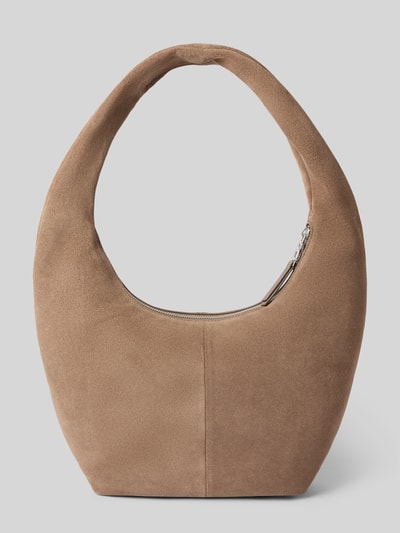 Productfoto, Hobo Bag met labelpatch Model 'Gerda' van Bogner in lichtbruin suède, Hoofdvak met ritssluiting, kort schouderband, binnenvak met rits, Breedte 36 cm, Lengte 26 cm, Diepte 9 cm, bandlengte 64 cm