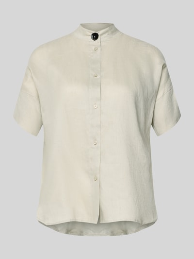 Produktfoto, Regular Fit Bluse mit Stehkragen und Knopfleiste von ARMANI EXCHANGE in hellem Beige, Textur aus glattem Stoff, mit Knotendetail an den Ärmeln, Rückenlänge 67 cm, Ärmellänge 20 cm.