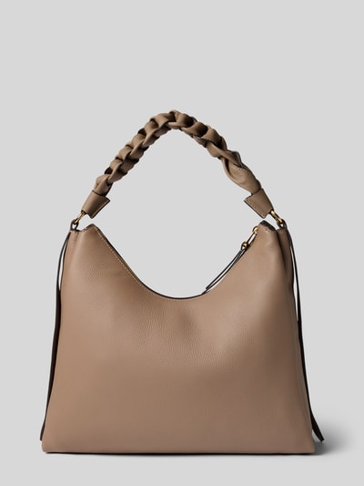 Produktfoto, Handtasche mit Logo-Print Modell 'Grana' von Coccinelle in beige, Trageriemen in Flecht-Optik, leicht genarbte Textur, geteiltes Hauptfach mit Reißverschluss, Größe 31x31x13 cm, Schulterriemen 44 cm.