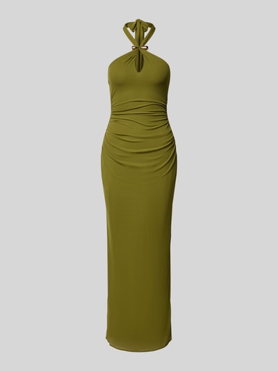 Produktfoto, figurbetontes, olivgrünes Maxikleid mit Neckholder und Drapierungen, Cut Out am Dekolleté, Modell 'Jayni Halter Hardware' von Forever New