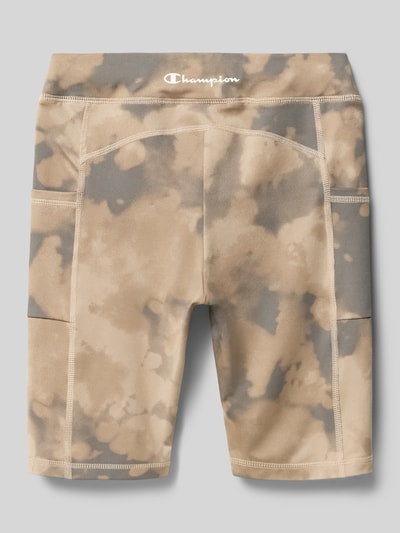 Productfoto, fietsbroek met zijzakken van CHAMPION voor kinderen, materiaalmix met stretch, nauwsluitend, elastische band, camouflage in beige-grijs, bandwijdte maat 140: 29 cm, binnenbeenlengte maat 140: 21 cm