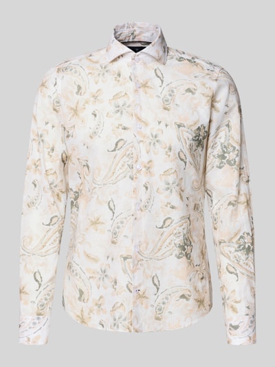 Produktfoto, Slim Fit Business-Hemd aus Leinen-Mix Modell 'Pai' von JOOP! Collection mit hellem Paisley-Muster und durchgehender Knopfleiste, dezente Beige- und Grüntöne, Langarm, Kentkragen, strukturierte Oberfläche