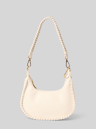 Produktfoto, Half Moon Bag mit Label-Detail Modell 'LILJENDAL' von Seidenfelt in Creme mit sichtbarer Nahtstruktur, Hauptfach mit Reißverschluss, verstellbarer Schultergurt, Maße ca. 18 cm Breite, 18 cm Länge, 8 cm Tiefe, Schulterriemen ca. 118 cm
