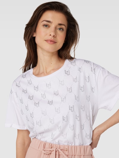 Liu Jo White T-shirt met all-over label met strass-steentjes Offwhite - 3