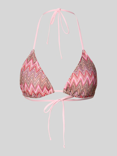 Produktfoto, Bikini-Oberteil mit Allover-Muster von Pieces, Optik:Allover-Muster, Trägerform: Neckholder, ohne Bügel, Vorgeformt, Gefüttert, Herausnehmbare Cups, Verschluss(Oberteil): Schnürung, rosa-braune Zickzack-Formen, glatte Textur