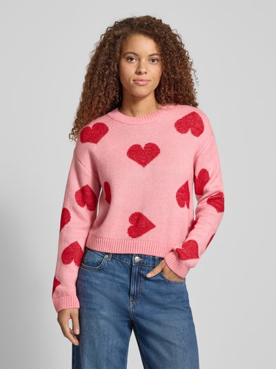 Only Comfort fit gebreide pullover met hart-intarsia, model 'HAPPIE' Roze - 4