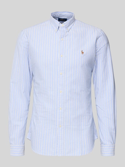Produktfoto, Slim Fit Vrijetijdsoverhemd met knoopsluiting van Polo Ralph Lauren in blauw met witte strepen, puur katoen, button-downkraag, labelstitching, ruglengte 78 cm, schouderbreedte 44 cm, mouwlengte 66 cm, maat M.