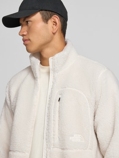 Männermodel trägt Fleecejacke mit Stehkragen und Brusttasche Modell 'EXTREME PILE' von The North Face, Teddyfell, Nahaufnahme Oberkörper. Rückenlänge bei Größe M 67 cm, Ärmellänge 70 cm, Regular Fit, Reißverschluss, Label-Stitching.