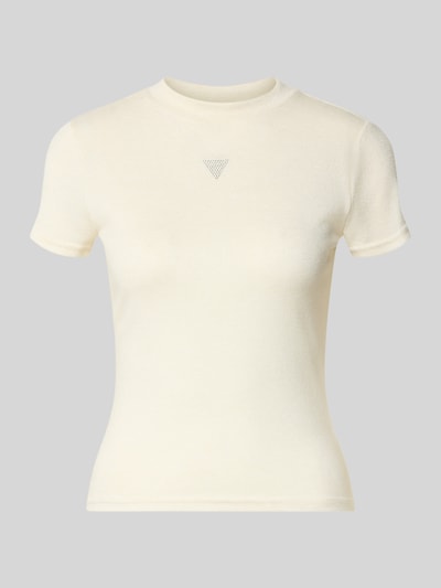 Produktfoto, Strickshirt aus Viskose-Mix Modell 'LICIA' von GUESS, krój slim fit, Logo z ozdobnych kamieni, okrągły dekolt, długość tyłu w rozmiarze S: 52 cm, damski strickshirt z mieszanki wiskozy