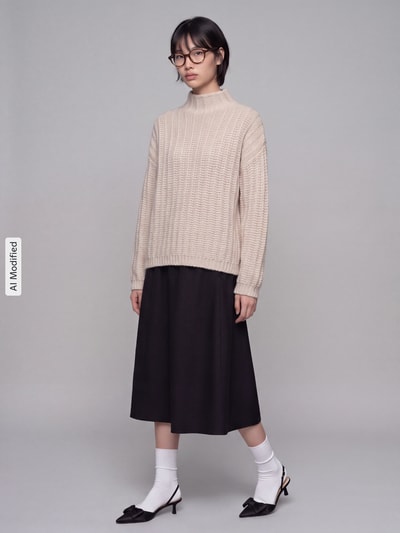 Frauenmodel trägt Boxy Fit Strickpullover aus Baumwoll-Mix mit Woll-Alpaka-Anteil Modell 'Safineyny' von HUGO, Damen Strickpullover, beige Struktur, kombiniert mit schwarzem Rock, hellem Hintergrund, Ganzkörperansicht von vorne, KI-modifiziertes Bild.
