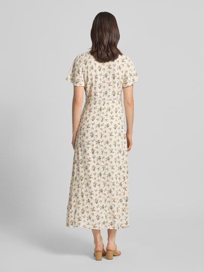 Frauenmodel trägt Midikleid aus Viskose mit Florales-Muster von Jake*s Casual in A-Linie, Rückenlänge 131 cm, Ganzkörperansicht Rückansicht.