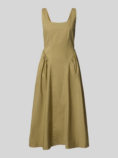 Produktfoto, Midikleid mit tiefem Rundhalsausschnitt Modell 'MLLENFASI' von Marella aus Baumwoll-Mix mit Stretch-Anteil in Beige, taillierter Schnitt, breite Träger, seitliche Eingrifftaschen, rückseitiger Reißverschluss, Rückenlänge 101 cm, Brustweite 40 cm bei Größe 36, glatte texturierte Oberfläche.