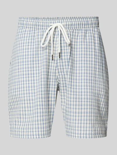 Produktfoto, Shorts mit elastischem Bund Modell 'SLADE' von Redefined Rebel aus Reine Baumwolle, Regular-Fit, kariertes Muster in Blau und Weiß, Kordelzug, Bundweite 37 cm, Innenbeinlänge 18 cm, Größe M.