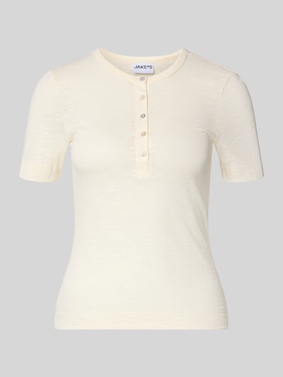 Productfoto, T-shirt met ronde hals en knoopsluiting van Jake*s Casual, puur katoen, slim fit, ruglengte maat S 57 cm, beige effen.