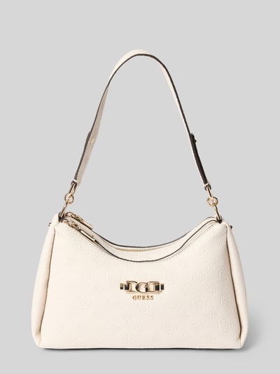 Produktfoto, Shoulder Bag in Leder-Optik mit Logo-Detail Modell 'Anise' von Guess, cremefarben, goldene Details, Logo-Detail, strukturierte Oberfläche, geteiltes Hauptfach mit Reißverschluss, Schulterriemen, Maße: 30 cm Breite, 19 cm Länge, 8 cm Tiefe, Schulterriemen: 52 cm.