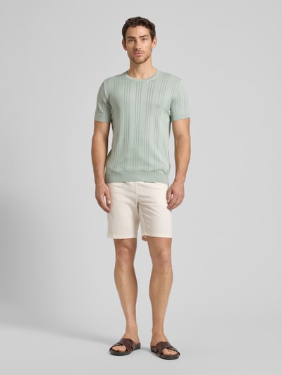 Männermodel trägt Strickshirt aus Viskose-Baumwoll-Mix Modell 'LINDON' von Guess in Mintgrün, Slim-Fit, Rundhalsausschnitt, Ganzkörperansicht von vorne.
