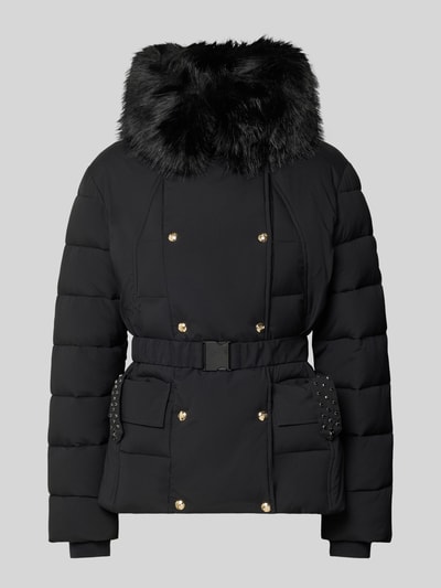 Produktfoto, schwarze Jacke mit Kunstfellbesatz von Liu Jo, Modell 'IMBOTTITO', Ziersteinbesatz, Kapuze, Taillengurt, gesteppte Textur