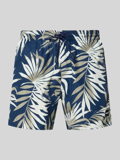 Produktfoto, Badehose mit Allover-Muster Modell 'PIRANHA' von BOSS in Dunkelblau mit beigen und weißen Palmenblättern, kurze Beinlänge