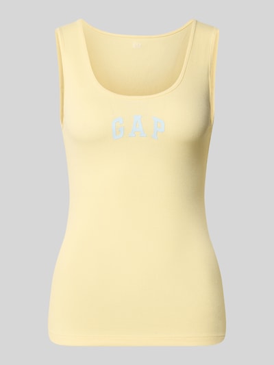 Produktfoto, Slim Fit Top mit Logo-Print von GAP in Hellgelb, Elastischer Baumwoll-Mix, Logo-Print, Rundhalsausschnitt, Rückenlänge 58 cm in Größe S