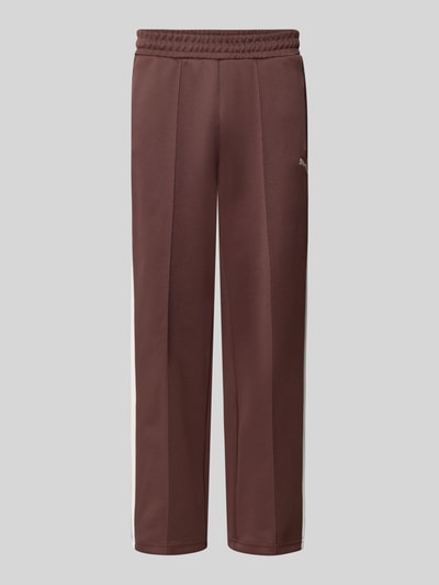 Produktfoto, Straight Fit Sweatpants mit Logo-Stitching Modell 'Always On' von PUMA PERFORMANCE in Braun mit weißen Seiteneinsätzen, Material-Mix mit Baumwoll-Anteil, elastischer Bund, Ziernähte, Reißverschluss-Eingrifftaschen, schlichtes Design, strukturierte Textur.
