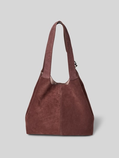Produktfoto, Handtasche aus echtem Leder von Coccinelle in Dunkelrot mit breitem Schulterriemen, Logo-Detail, strukturierte Wildleder-Oberfläche, herausnehmbares Innenfach, Maße: 32x28x51 cm, Länge Schulterriemen: 31 cm