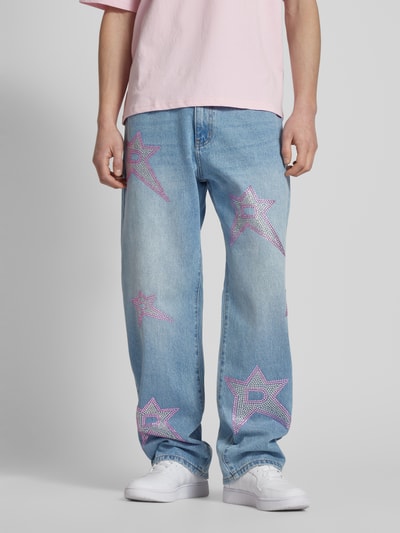 REVIEW Baggy Fit Jeans mit Strasssteinbesatz Hellblau 4