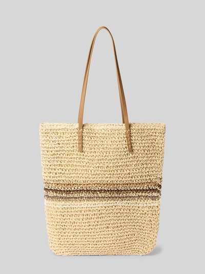 Produktfoto, Damen Shopper mit Label-Detail Modell 'Lazey' von Barts aus geflochtenem Material, beige-braune Streifen, Tragehenkel, Maße: Breite 35 cm, Länge 39 cm, Tiefe 8 cm, Länge Schulterriemen 58 cm, Hauptfach mit Magnetverschluss.