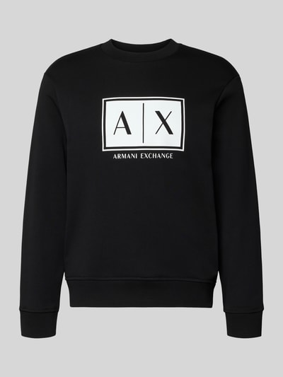 Produktfoto, czarne Sweatshirt mit Logo-Print und Rundhalsausschnitt von ARMANI EXCHANGE, czysta bawełna, krój loose fit, logo z przodu