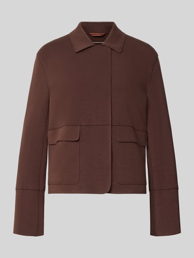 Produktfoto, Slim Fit Blazer aus Baumwoll-Mix von White Label, dunkelbraun, Umlegekragen, Ziernähte, Pattentaschen, glatte Textur