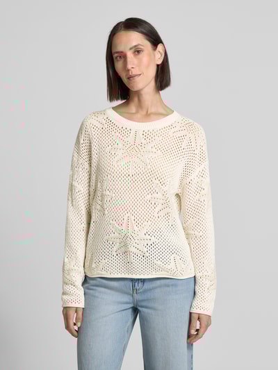 Oui Gebreide pullover met geribde ronde hals Offwhite - 4