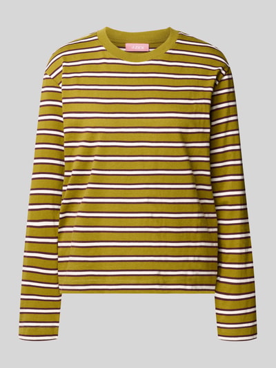 Produktfoto, Relaxed Fit Langarmshirt aus reiner Baumwolle Modell 'Sophia' von JJXX mit gelb-weißen Streifen, Rundhalsausschnitt, gerippter Blende, überschnittenen Schultern, Rückenlänge 57 cm, Damen Langarmshirt