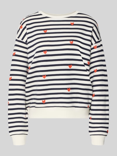Produktfoto, Sweatshirt im Allover-Look von Smith and Soul aus Baumwoll-Modal-Mix mit Rundhalsausschnitt, weiß-blau gestreift mit roten Herzmotiven, Relaxed Fit