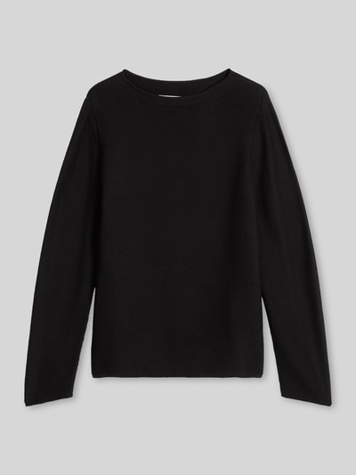 Produktfoto, Regular Fit Pullover aus reiner Baumwolle von MARC O'POLO, schwarz, unifarben, Strickoptik, U-Boot-Ausschnitt, lange Ärmel.
