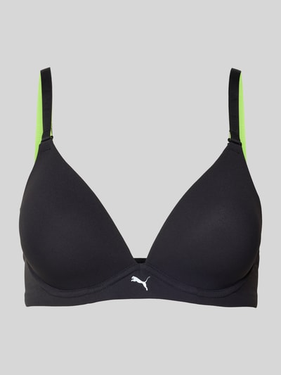 Produktfoto, czarny biustonosz 'BH mit Logo und verstellbaren Trägern' od PUMA, mieszanka materiałów z dodatkiem streczu, dopasowany krój, wyściełane miseczki, logo, regulowane ramiączka, zapięcie na haftkę, gładka tekstura, kontrastowe zielone detale