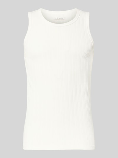 Produktfoto, Tanktop mit Rundhalsausschnitt von Wood Wood aus weißem Baumwoll-Mix in Ripp-Optik, Slim Fit, Vorderansicht.