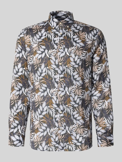 Produktfoto, Regular Fit Leinenhemd mit Button-Down-Kragen von Christian Berg Men, Allover-Look mit weißen, beigen und braunen Blättern, reines Leinen, Herren Hemden, Größe M: Rückenlänge 78 cm, Schulterbreite 49 cm, Ärmellänge 64 cm