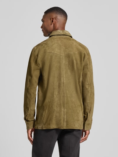 Profuomo Slim fit overhemdjack van echt geitenleer, model 'Overshirt' Groen - 5