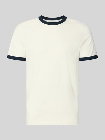 Produktfoto, Regular Fit T-Shirt aus reiner Baumwolle von MCNEAL mit kontrastivem Rundhalsausschnitt und Ärmelumschlägen in Dunkelblau, glatte Struktur, Herren T-Shirt