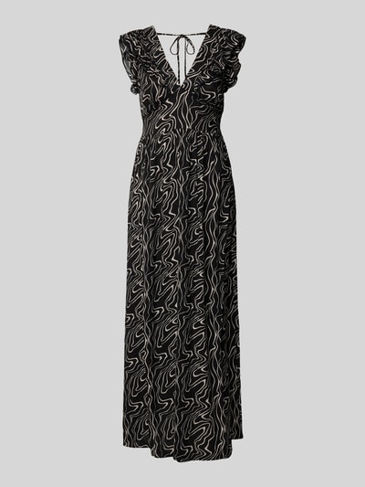 Produktfoto, Leicht ausgestelltes Maxikleid aus reiner Viskose Modell 'EASY JOY' von Vero Moda in Optik:Allover-Muster, Volant-Saum, Rüschen, Bindeverschluss, ärmellos, Material: reine Viskose, Maxi-Länge, Farben: Schwarz mit cremefarbenen Linien, glatte Textur.
