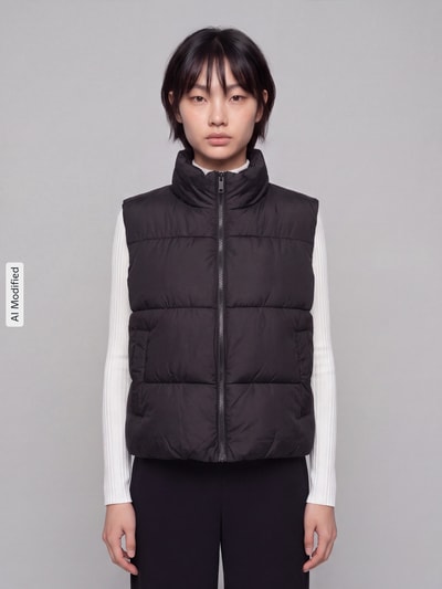 Männermodel trägt schwarze Regular Fit Weste mit Stehkragen von PIECES, Damen Weste, glatte Struktur, Ganzkörperansicht von vorne, KI-modifiziertes Bild