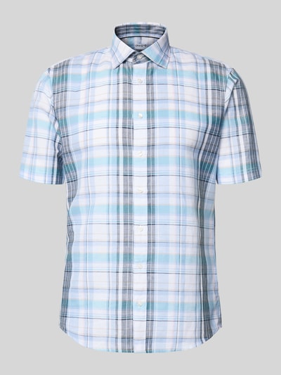 Produktfoto, Slim Fit Business-Hemd aus Leinen-Mix mit Kentkragen von Jake*s, kariertes Muster in Blau, Weiß und Grau, glatte Struktur, Herren Business-Hemd, Leinen-Baumwoll-Mix, Knopfleiste, Größe M: Rückenlänge 74 cm, Schulterbreite 46 cm, Ärmellänge 26 cm