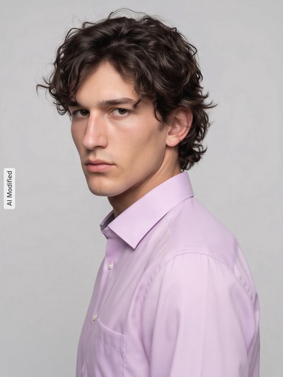 Männermodel trägt Regular Fit Businesshemd aus reiner Baumwolle Modell 'New Kent' von Seidensticker in Helllila, Nahaufnahme Oberkörper, Herren Businesshemd von Seidensticker, KI-modifiziertes Bild.