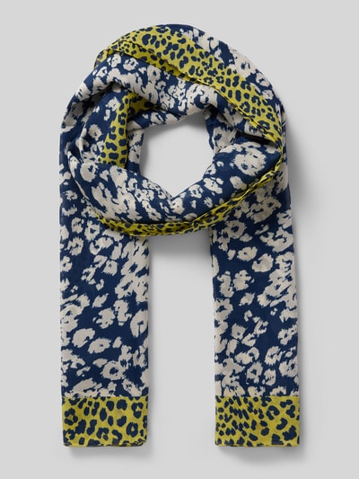 Produktfoto, Schal aus Seide mit kontrastierendem Rand von MARC CAIN, Allover Animal Print in Blau, Weiß und Gelb, glatte Textur, Damen Schals.