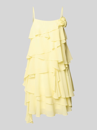 Productfoto, Fließendes Cocktailkleid mit Volants Modell 'ALADYN' van Vero Moda, effen lichtgeel, mini, rechte halslijn, sierbloem, verstelbare spaghettibandjes, soepele pasvorm