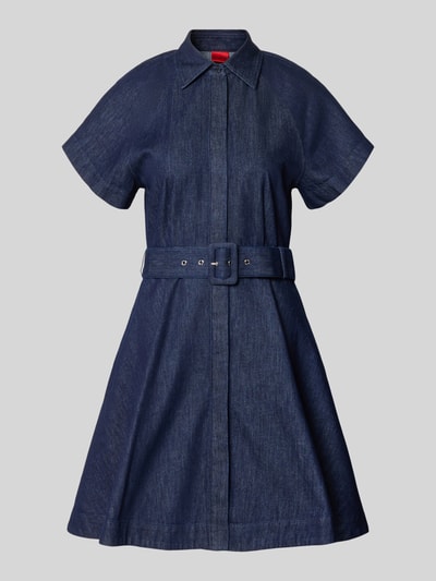 Produktfoto, dunkelblaues tailliertes Freizeitkleid aus reiner Baumwolle Modell 'KASTINA' von HUGO, strukturierte Oberfläche. Damen Freizeitkleid von HUGO.