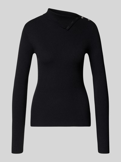 Produktfoto, schwarzer Slim Fit Pullover aus Viskose-Mix in Strick-Optik mit Knopfleiste, MYON, glatte Textur, schlichtes Design