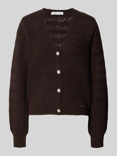 Productfoto, Strickjacke mit V-Ausschnitt und Knopfleiste van MORE & MORE, wolmix, regular fit, labeldetail, donkerbruin, tricotstructuur