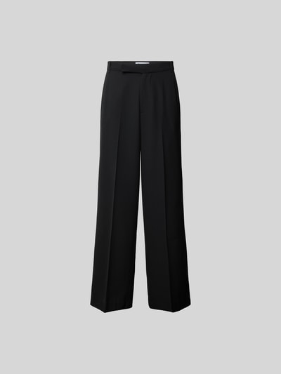 Produktfoto, Wide Fit Leinenhose mit Gesäßtaschen von WON HUNDRED in Schwarz, elastischer Leinen-Mix mit Viskose-Anteil, Bügelfalten, Haken- und Reißverschluss, Wide-Fit, Bundweite 45 cm, Innenbeinlänge 81 cm, strukturierte Stoffoberfläche.
